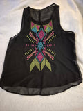Boho Embroidered Sheer Black Chiffon High-Low Tank Top - Size Large