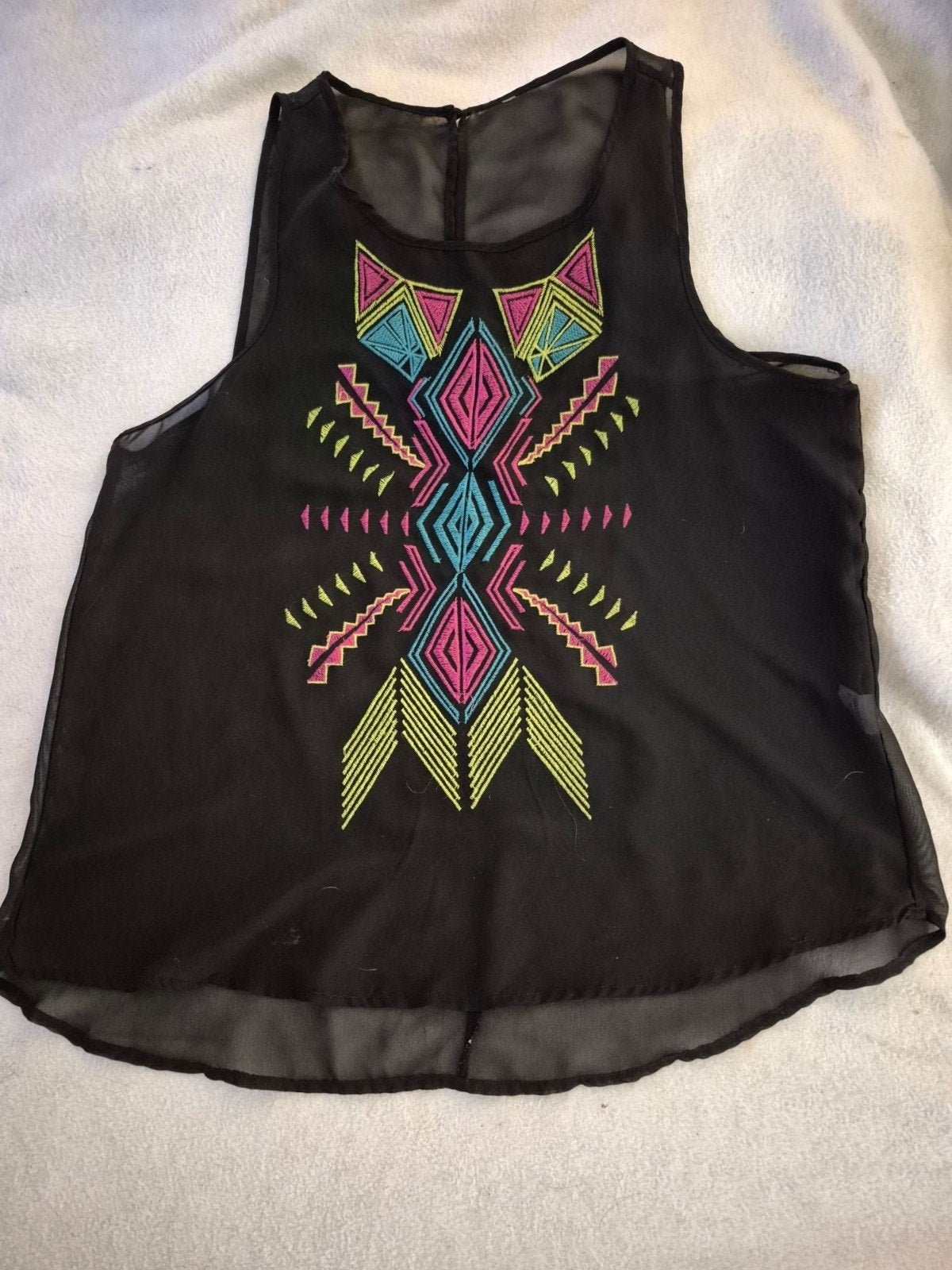 Boho Embroidered Sheer Black Chiffon High-Low Tank Top - Size Large