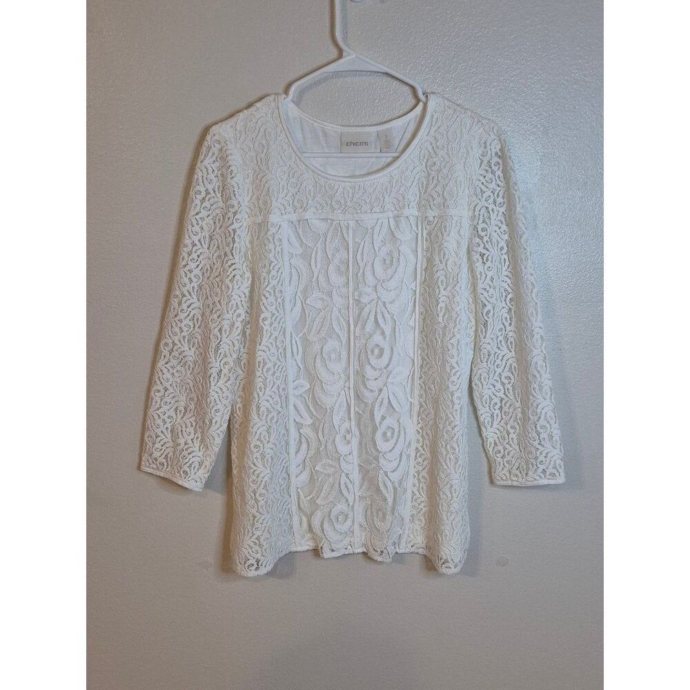 Chico's White Floral Lace 3/4 Sleeve Paneled Tunic Blouse - Size 1