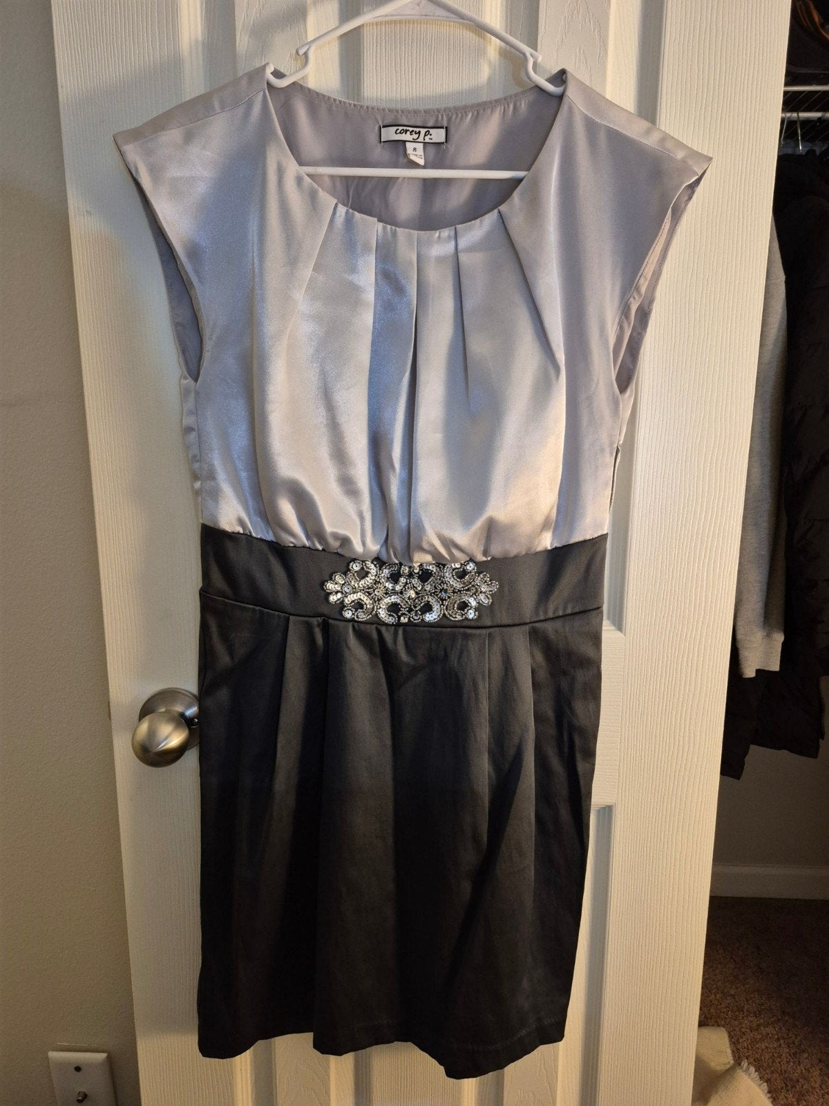 Corey P. Silver & Charcoal Embellished Cocktail Dress - Size 8