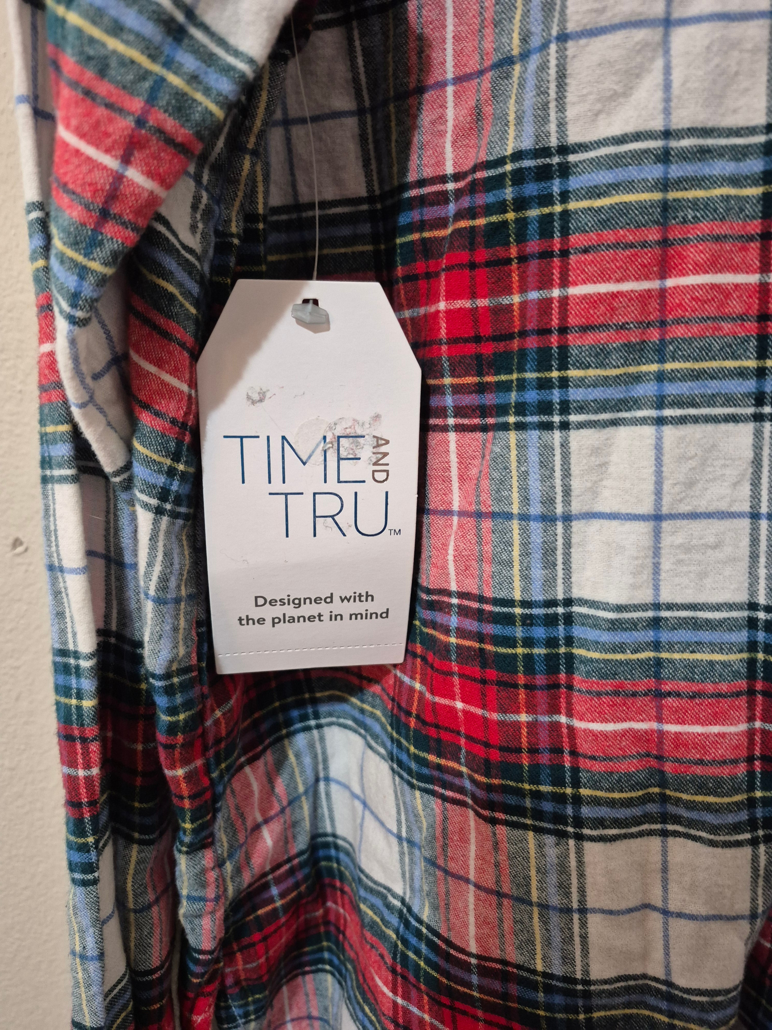 NWT Time and Tru Women's XL Plaid Flannel Button Down Shirt Red Blue White