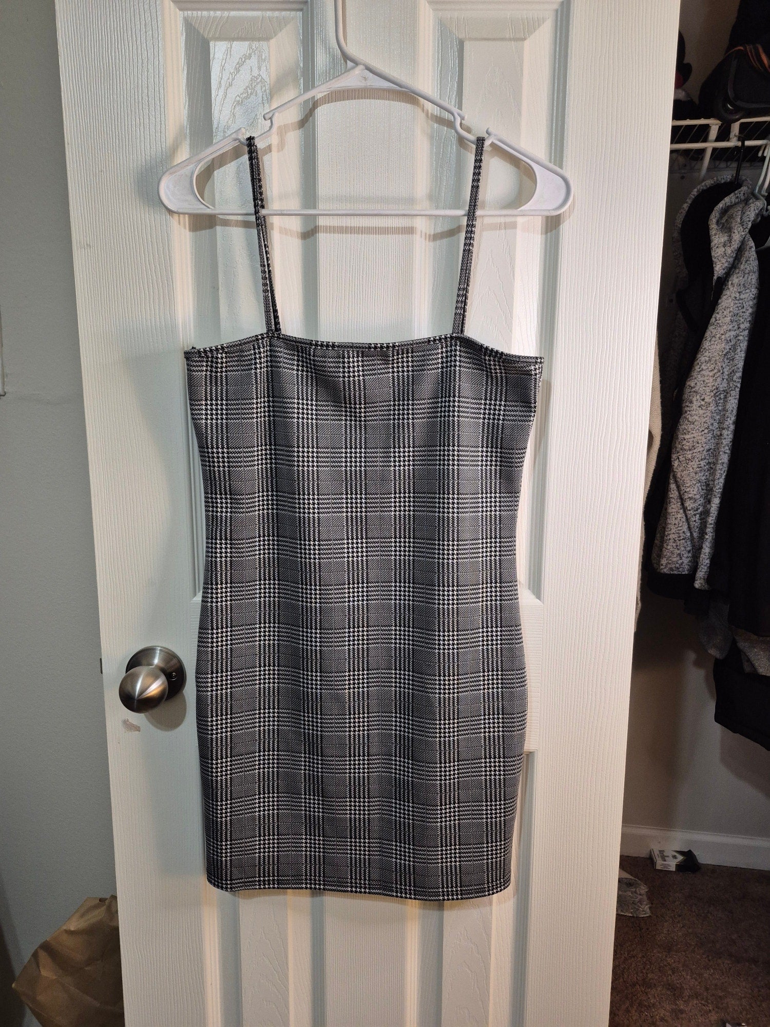 Zaful Black & White Plaid Bodycon Mini Dress - Size L (8) - 90s Aesthetic