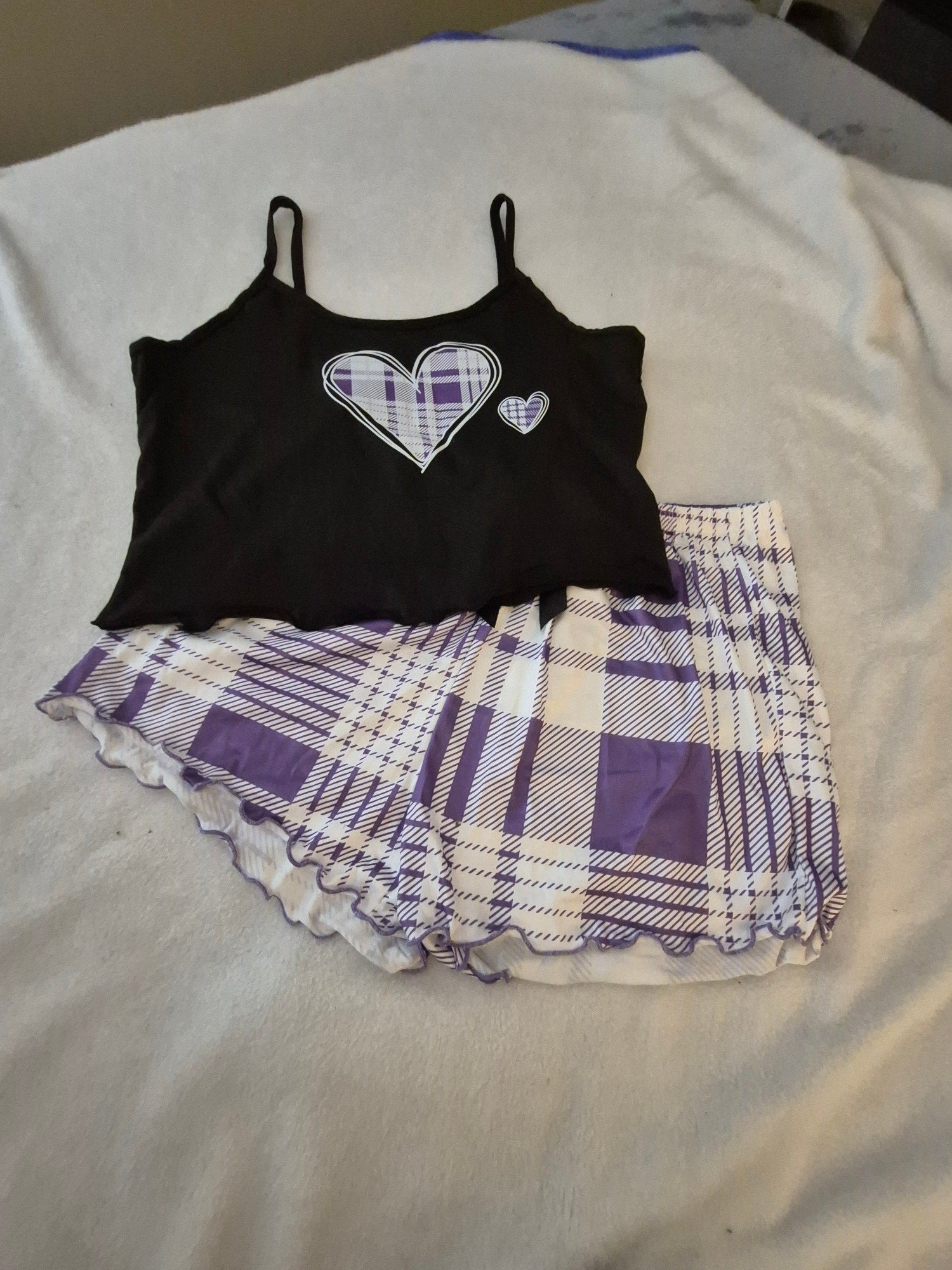 Purple Plaid & Hearts 2pc Pajama Set - Size Large - Ruffle Hem Sleepwear