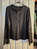 Black Ribbed Blouse with Buttons and Lace, XXL