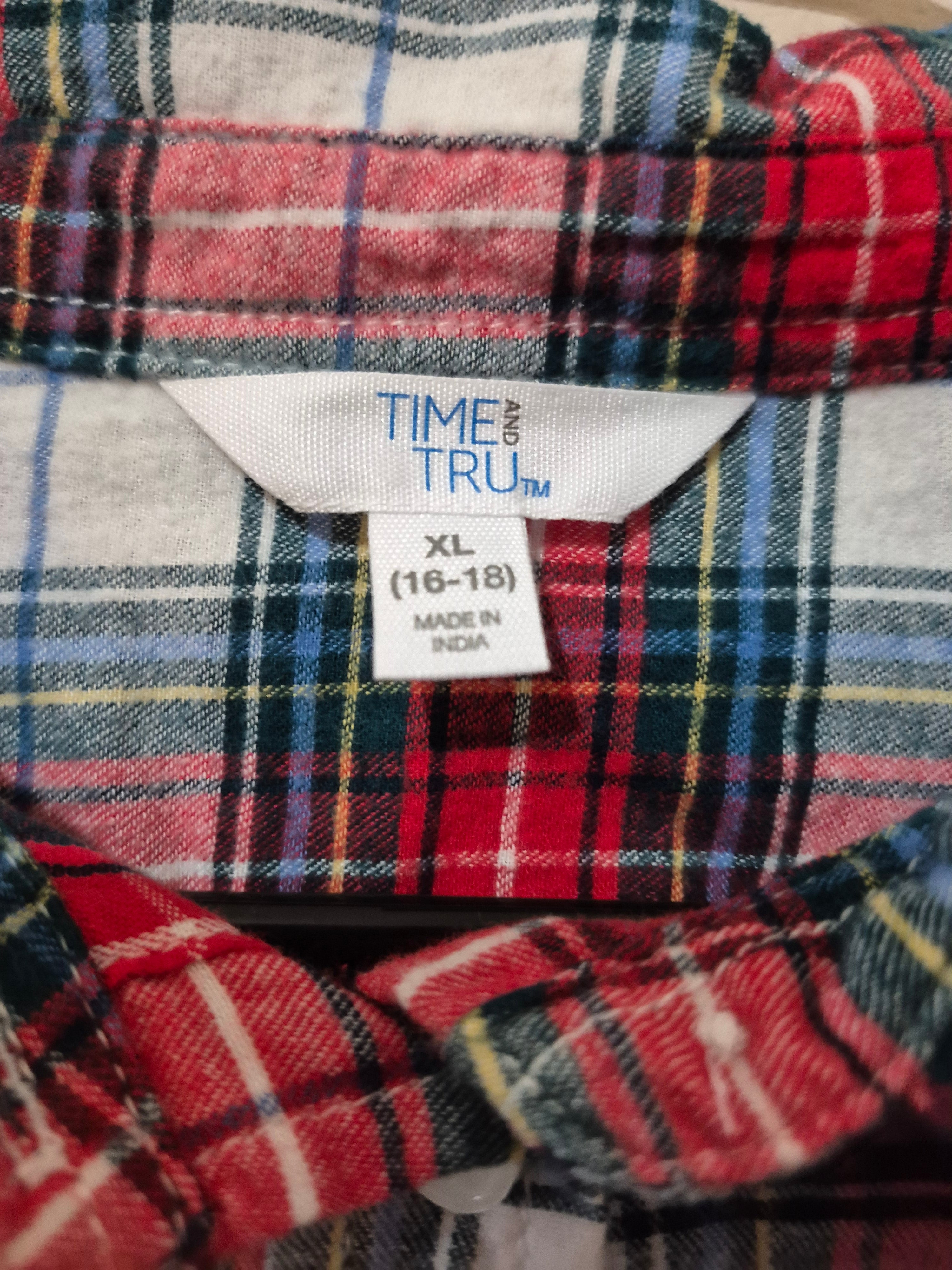 NWT Time and Tru Women's XL Plaid Flannel Button Down Shirt Red Blue White