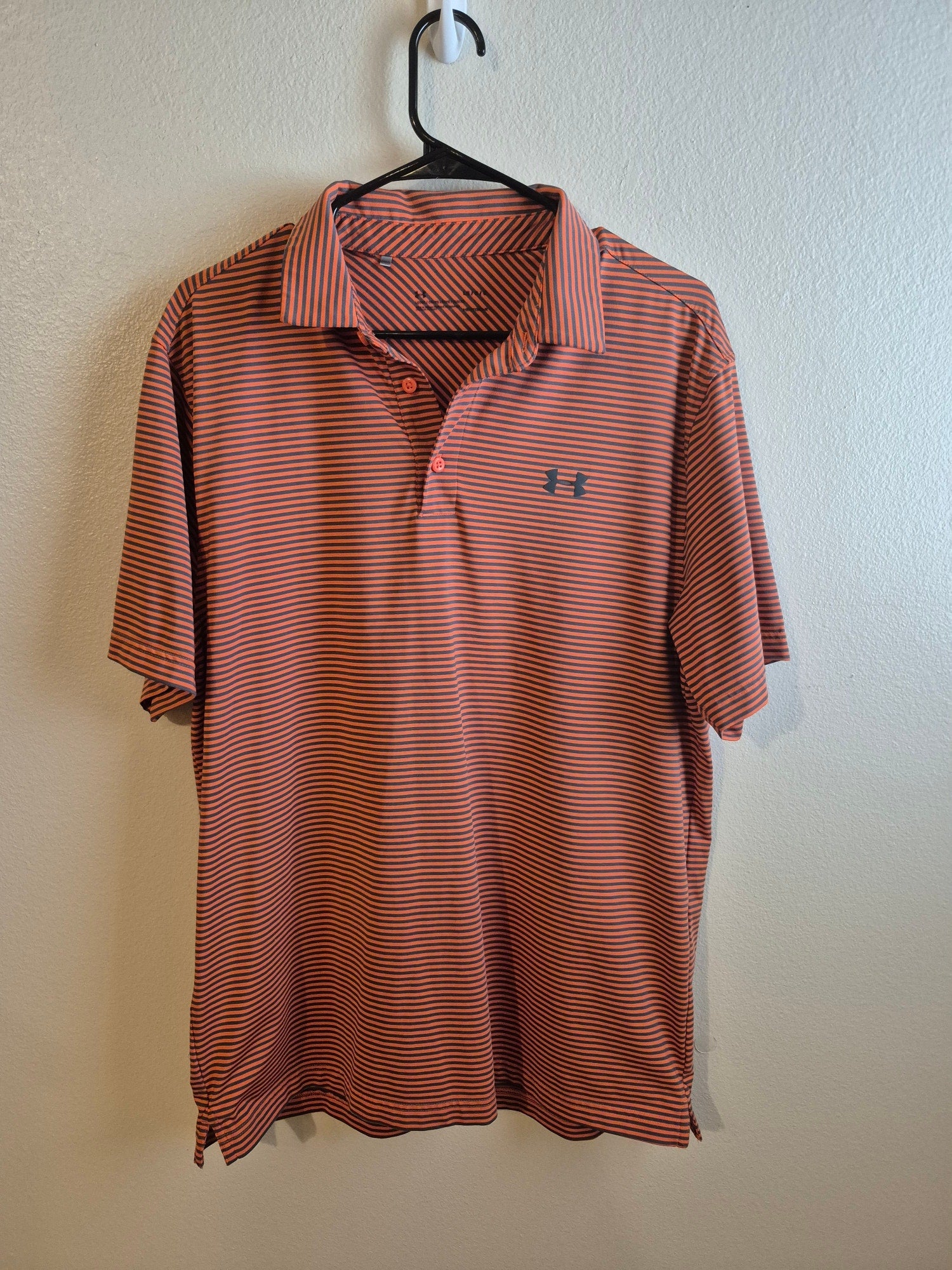 Under Armour HeatGear Polo Shirt Mens Large L Orange Grey Striped Golf Top Loose