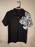Mens Black Polo Shirt With White Tiger Print, Small