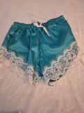 Silky Teal Sleep Shorts With White Lace Trim Medium