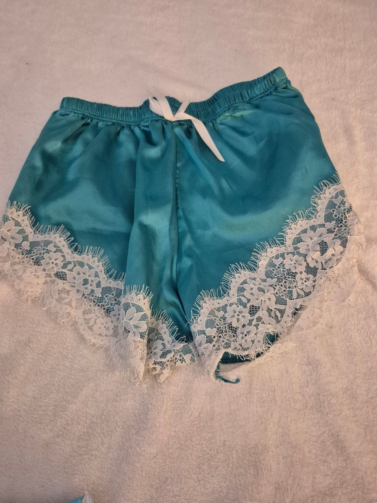 Silky Teal Sleep Shorts With White Lace Trim Medium