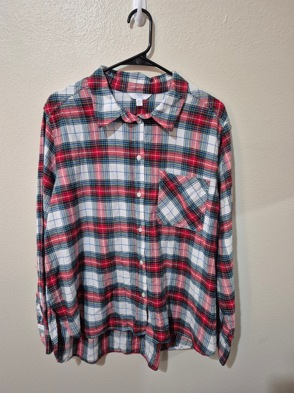 NWT Time and Tru Women's XL Plaid Flannel Button Down Shirt Red Blue White