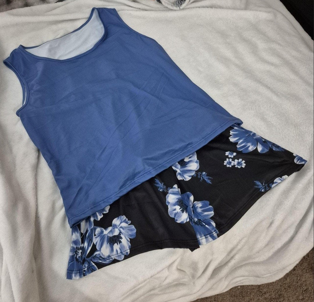 Blue And Black Tank Top And Shorts Set, Floral