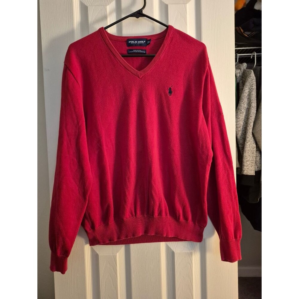 Polo Golf Ralph Lauren V-Neck Sweater Red Mens Large 100% Cotton Bedford Spring