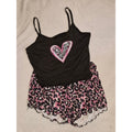 Women's 2-Piece Leopard Print Heart Pajama Set – Black/Pink Cami & Ruffle Shorts - Large
