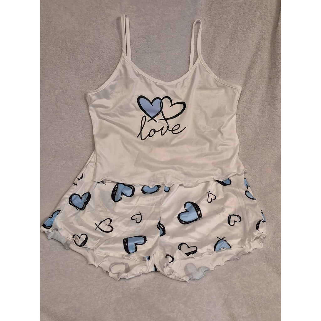 Women's "Love" Heart Pajama Set – White with Blue/Black Accents - Size Large