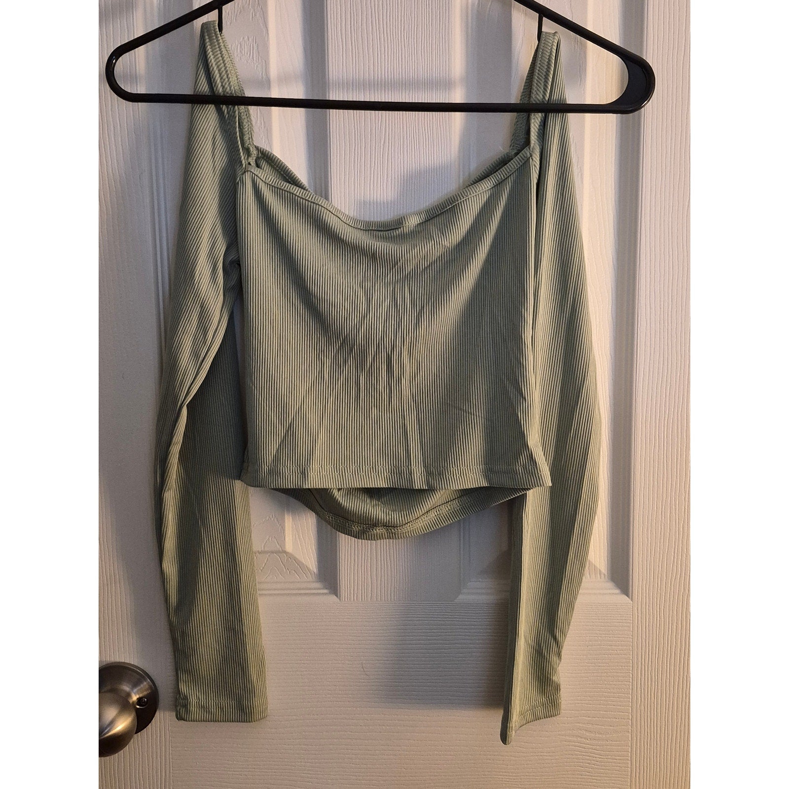 Sage Green Ribbed Knit Long Sleeve Crop Top | Cutout Front Sweetheart Neck
