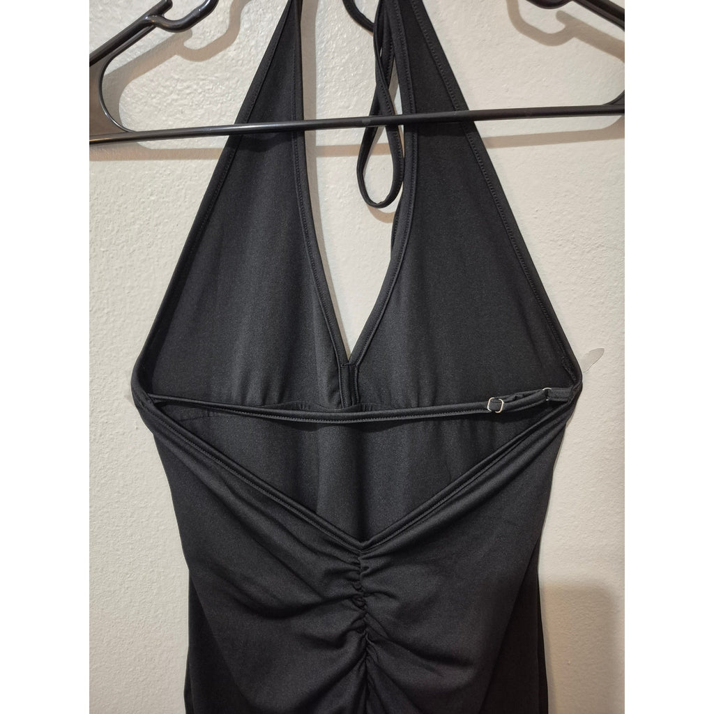 Y2K Black Halter Neck One Piece Romper - Ruched Back Detail
