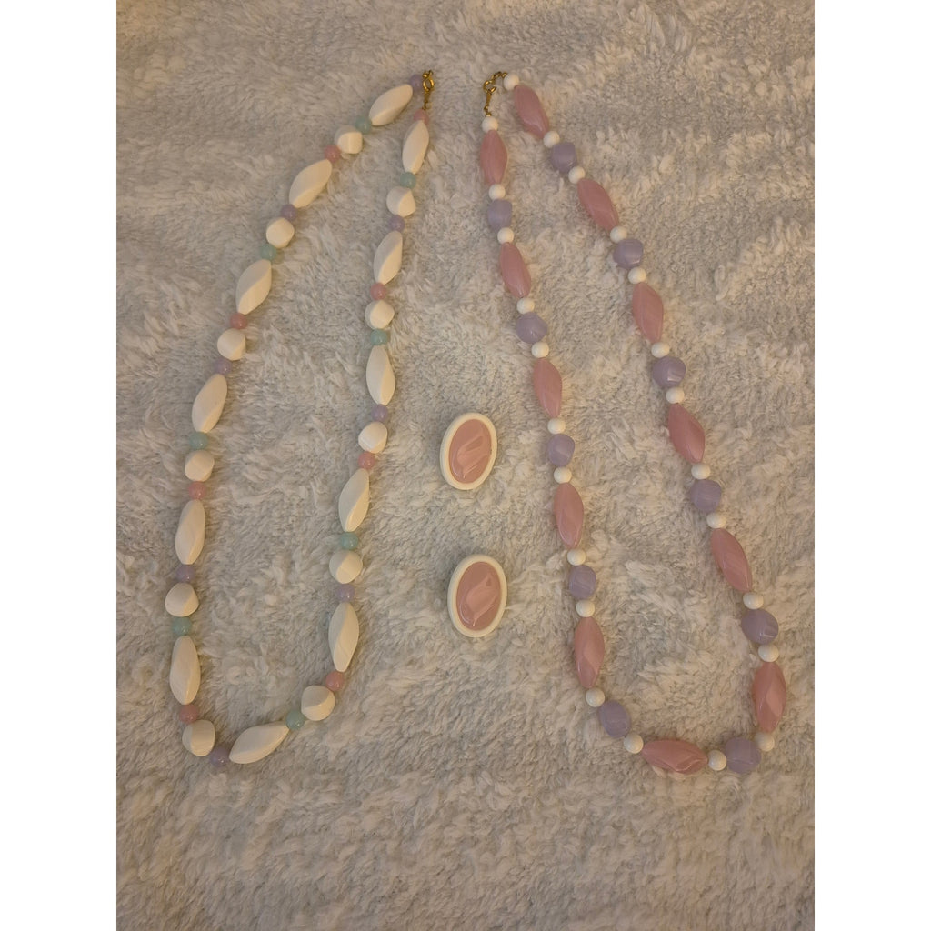 Vintage 80s Pastel Lucite Bead Necklace & Clip-On Earring Set • 3pc Lot