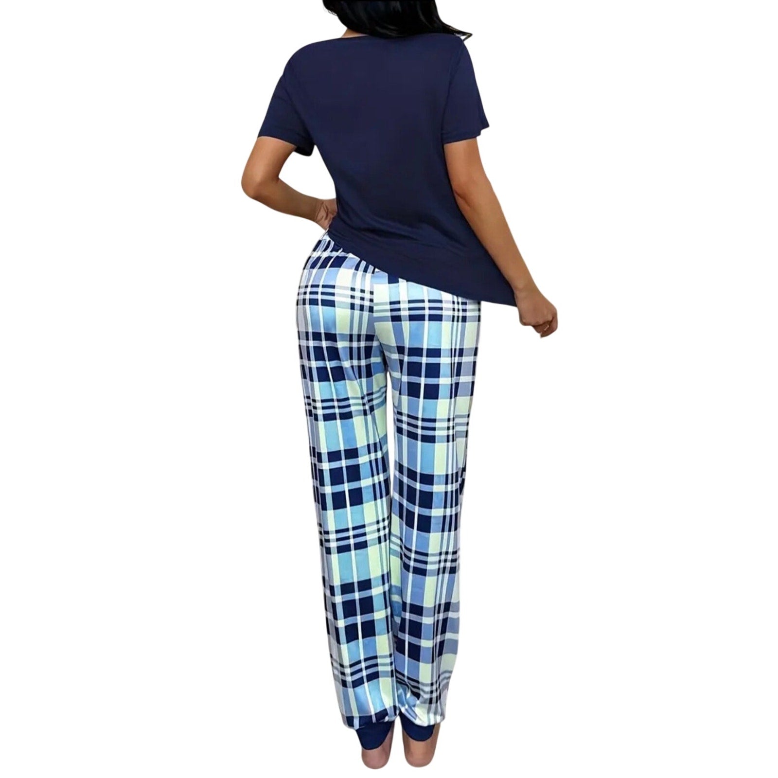 Women's 2-Piece Pajama Set Navy Blue Heart Tee & Blue Plaid Jogger Pants L