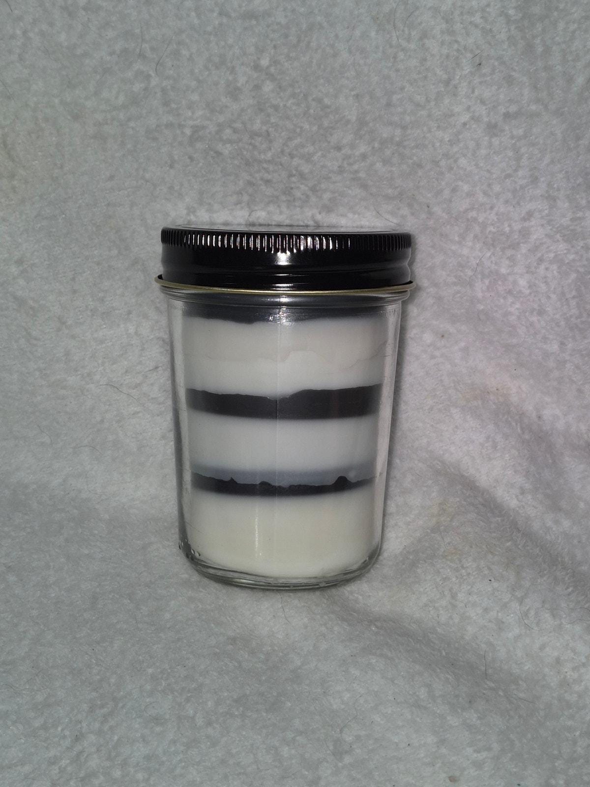 "Hand-poured vanilla fudge cake layered scented candle in a 9oz jar by Delightful Homemade Things"