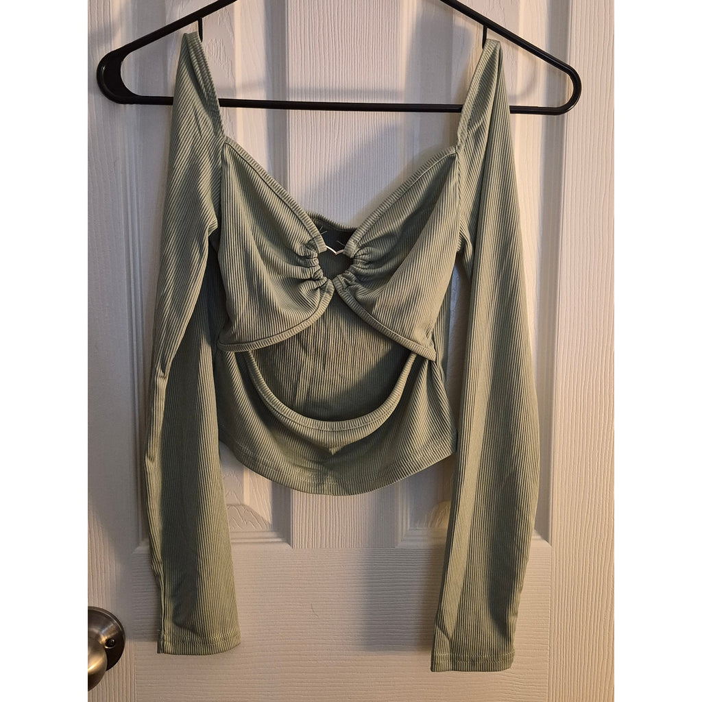 Sage Green Ribbed Knit Long Sleeve Crop Top | Cutout Front Sweetheart Neck