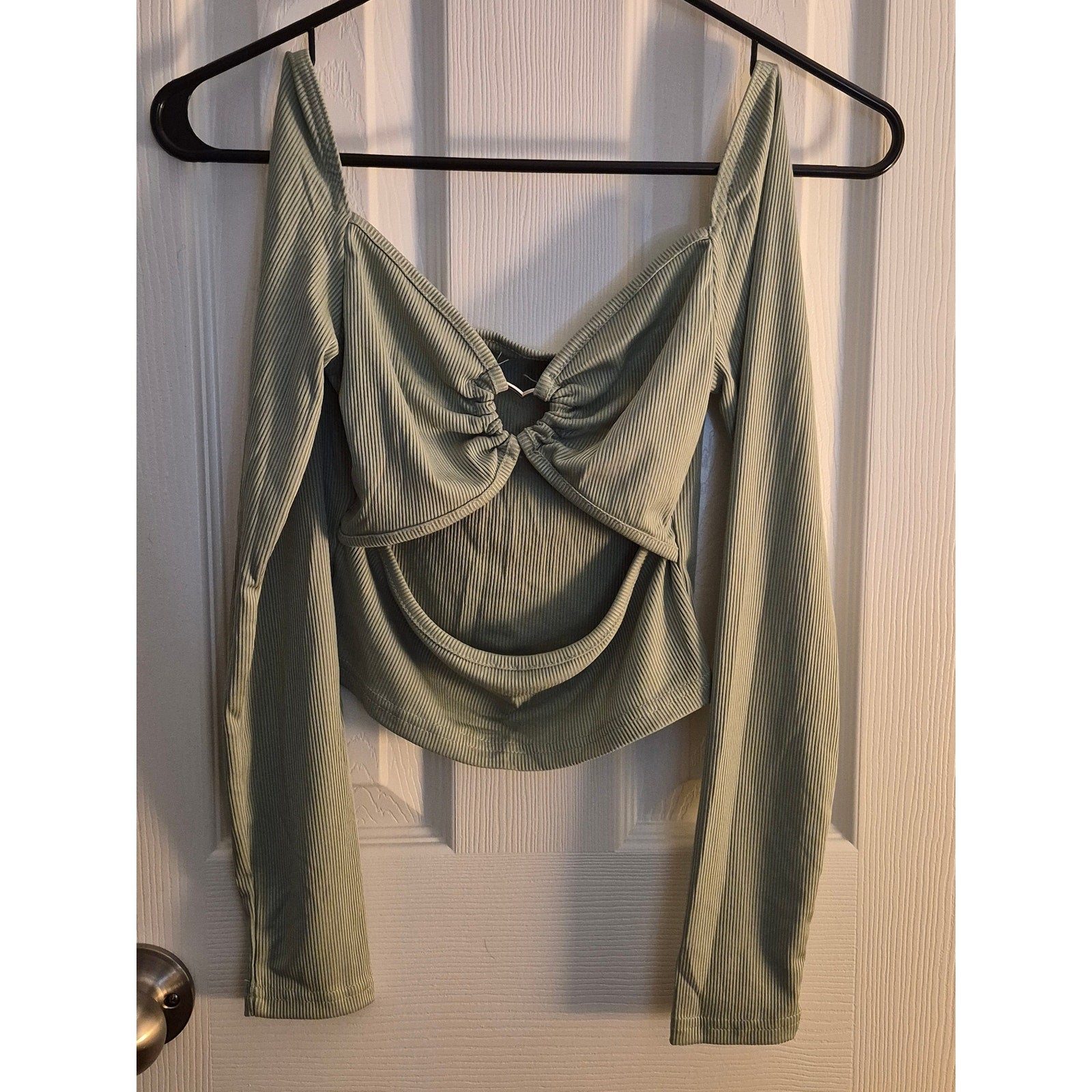 Sage Green Ribbed Knit Long Sleeve Crop Top | Cutout Front Sweetheart Neck
