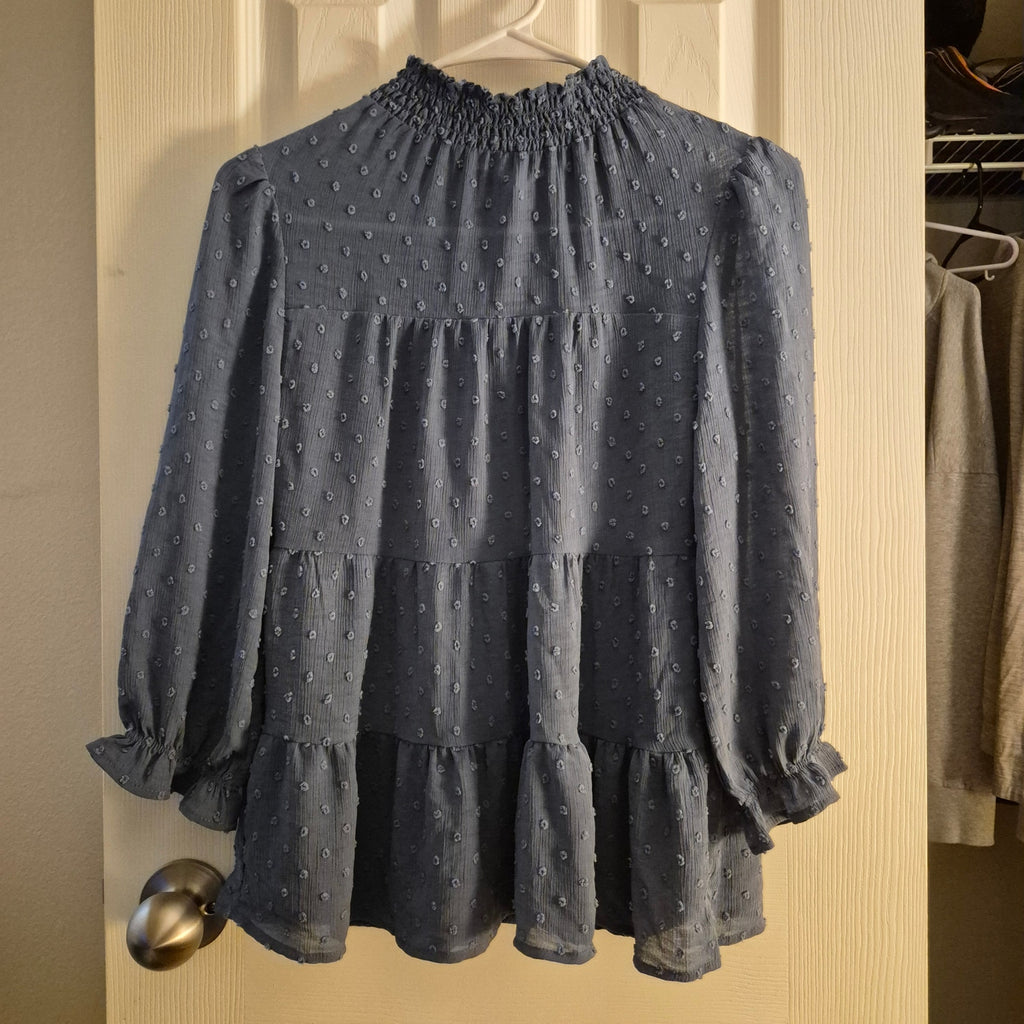 Mon Eau Los Angeles Blue Swiss Dot Tiered High-Neck Blouse – Size Small