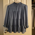 Mon Eau Los Angeles Blue Swiss Dot Tiered High-Neck Blouse – Size Small