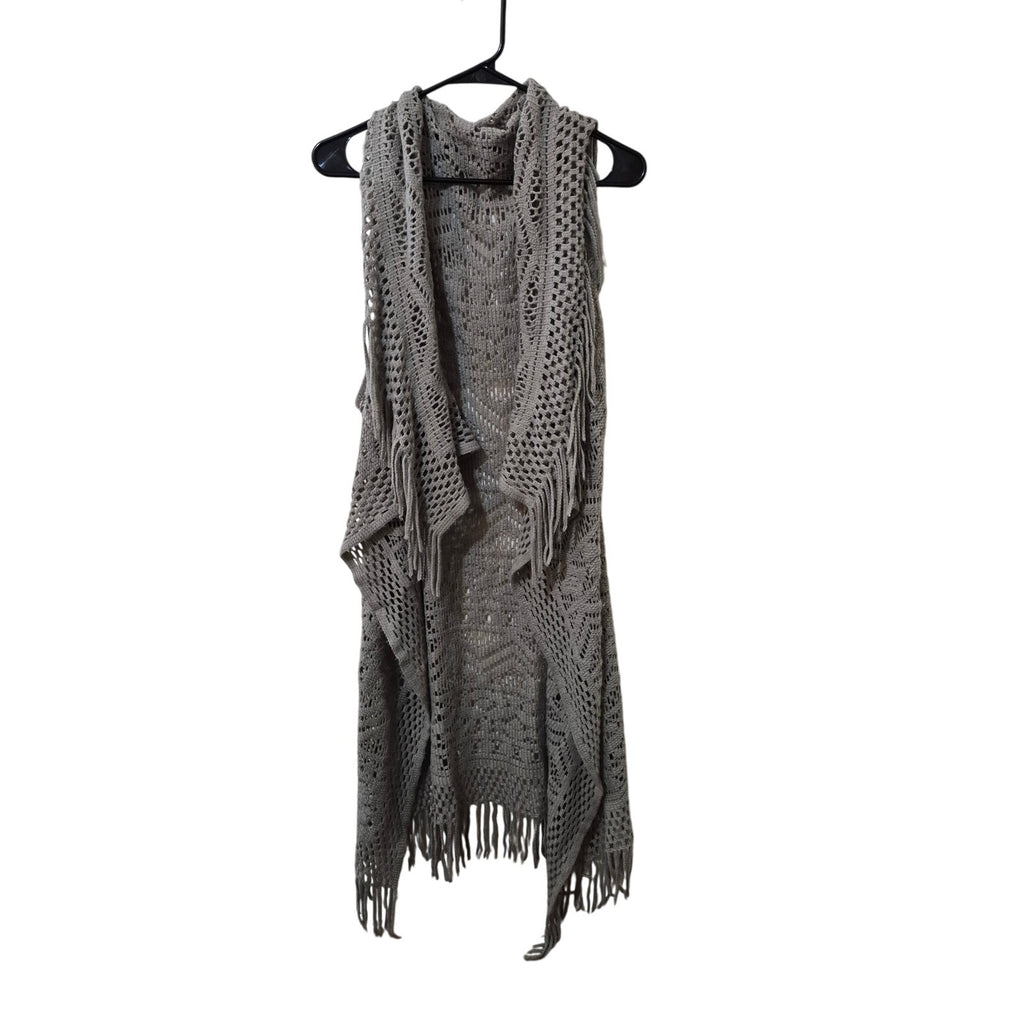Maurices Gray Open Knit Fringe Duster Vest One Size Boho Geometric Longline