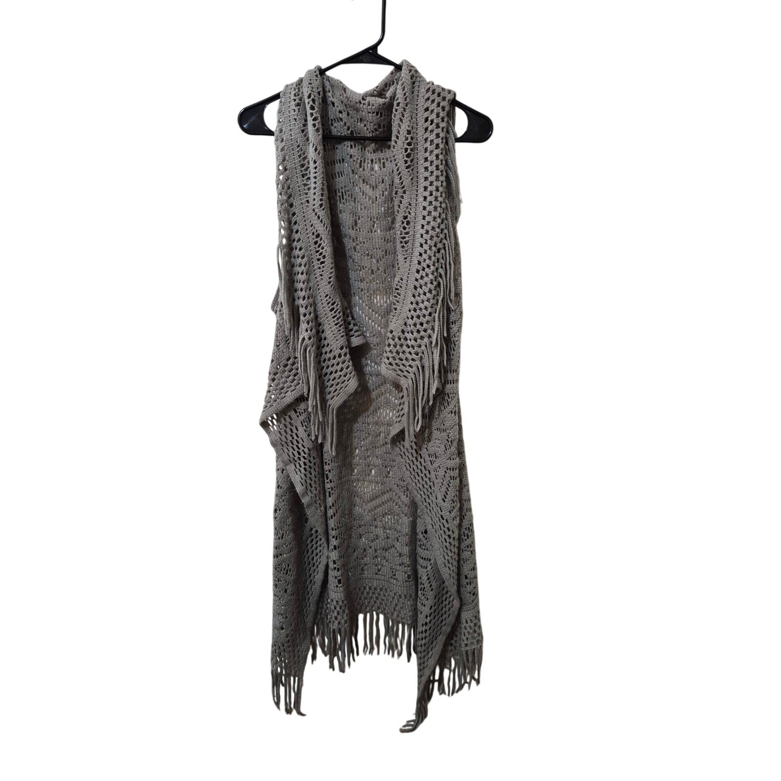 Maurices Gray Open Knit Fringe Duster Vest One Size Boho Geometric Longline