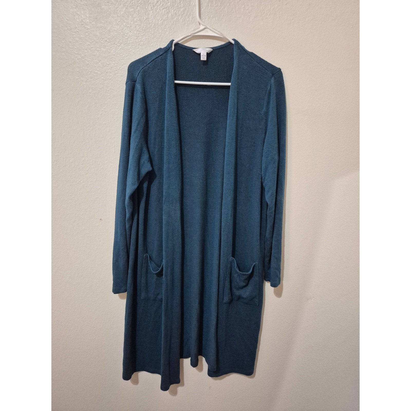 Time and Tru Teal Blue Open Front Longline Cardigan Sweater with Pockets - Size L (12-14)