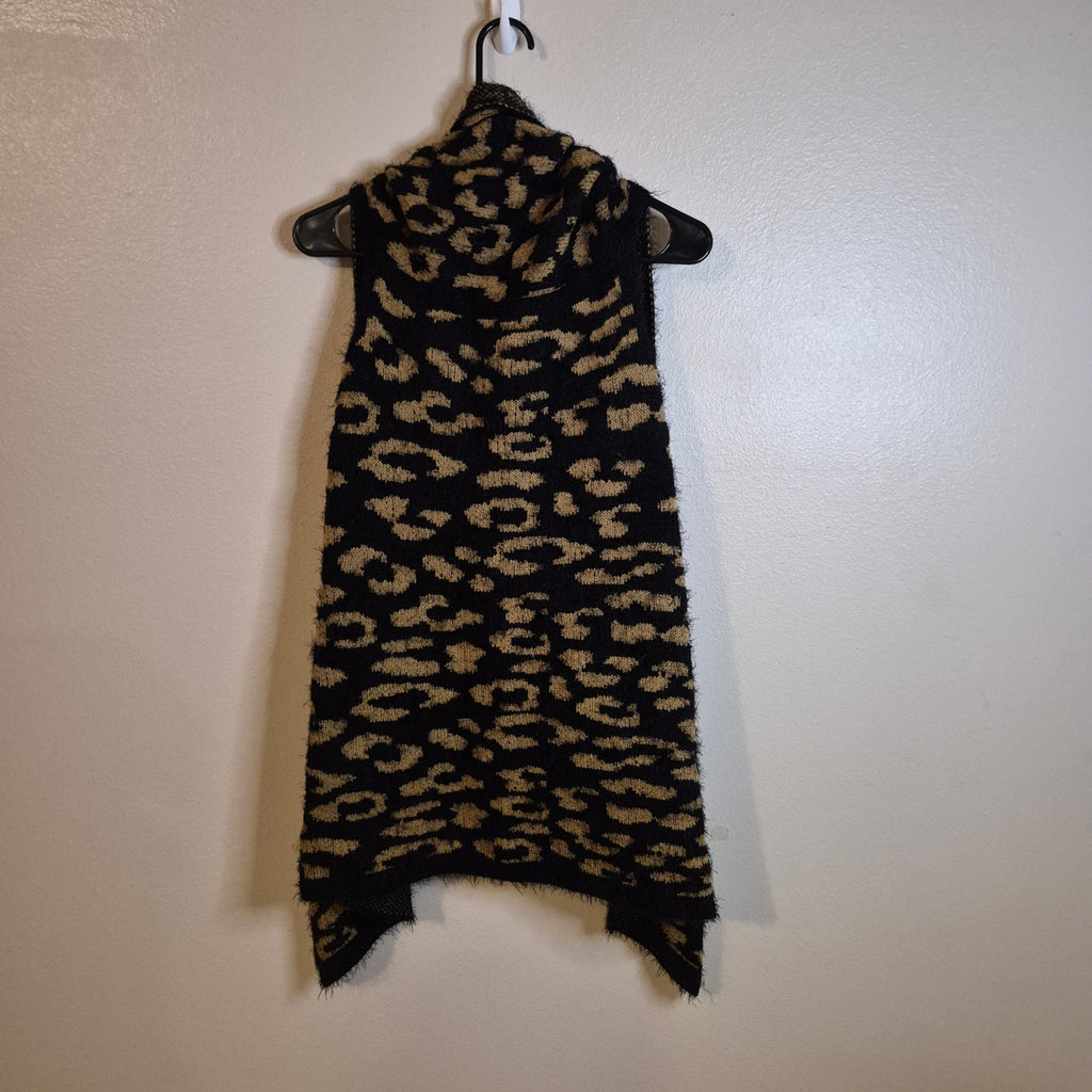 Leopard Print Eyelash Knit Vest Draped Waterfall Open Front Tan Black