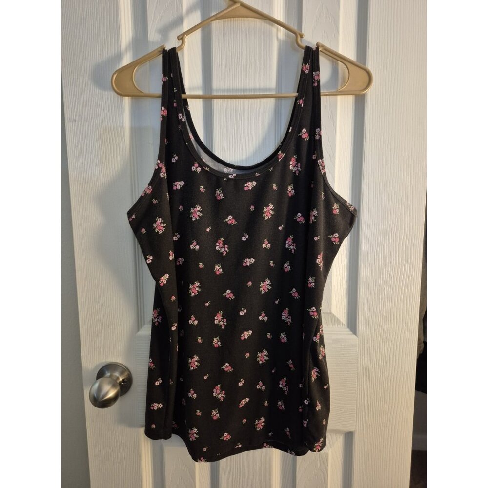 Womens Black Tank Top With Little Pink Flowers
