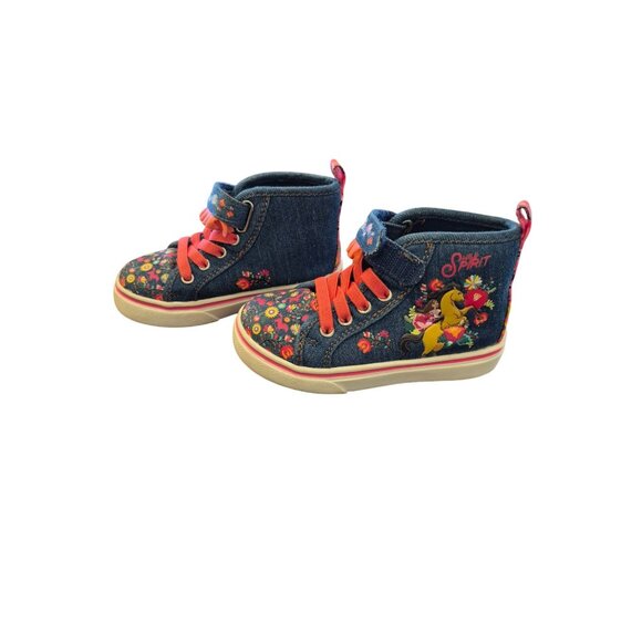 Spirit Riding Free Denim High-Top Sneakers With Floral Print & Orange Laces - Gi