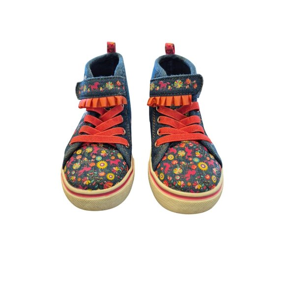 Spirit Riding Free Denim High-Top Sneakers With Floral Print & Orange Laces - Gi